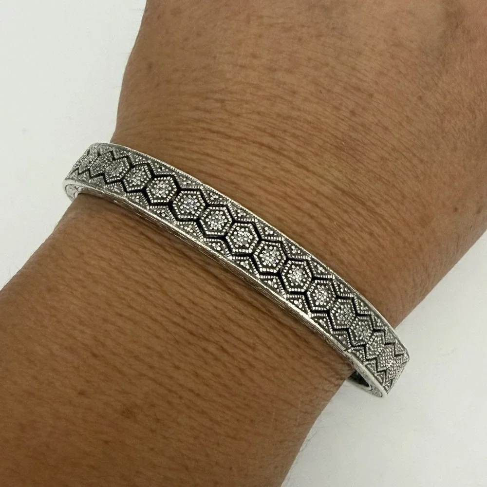 Vtg 925 Sterling Silver Diamond Cuff Bracelet Open Work Honey Comb Designer JSP